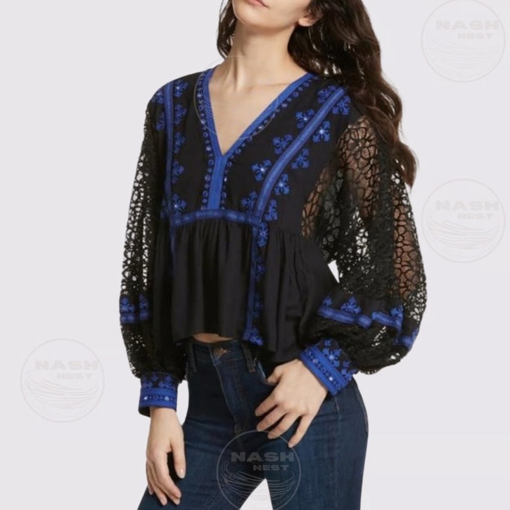 FREE‎ PEOPLE Boogie All Night Peasant Blouse Embroidered Mirror Lace Size Large